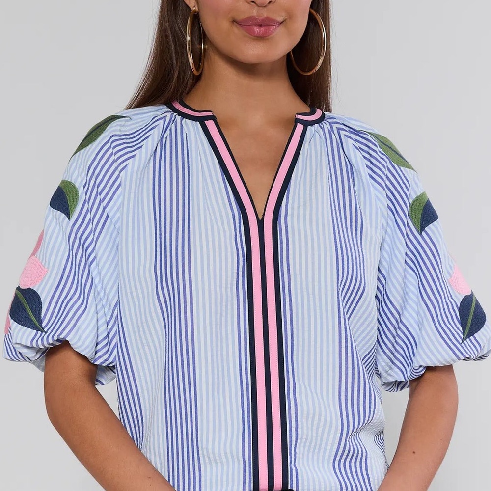 THML Coleen Top in Blue & White Stripe,Puff Sleeves With Floral Accents - Picture 3 of 9